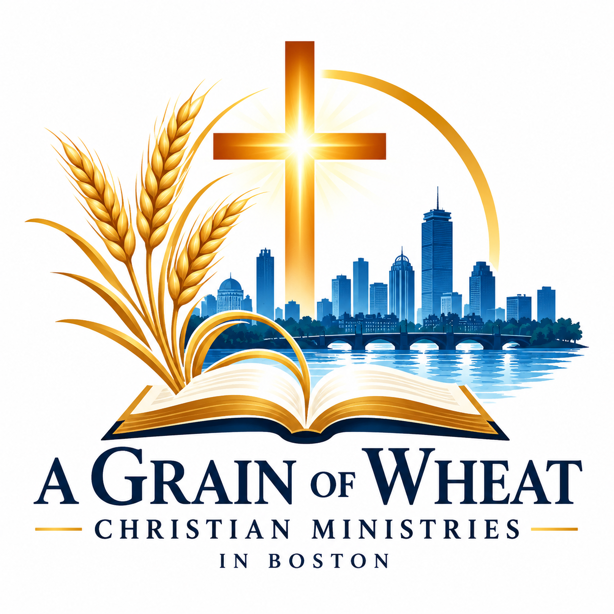 A Grain of Wheat Christian Ministries in Boston — cross, wheat, Bible, and Boston skyline